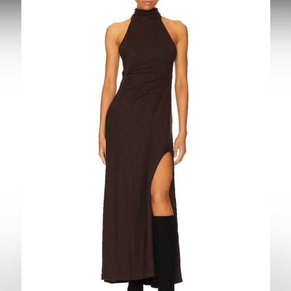 Free People Ribbed Maxi Dress Espresso Brown | Size Large | Mock Neck Slit Dress - Picture 4 of 6